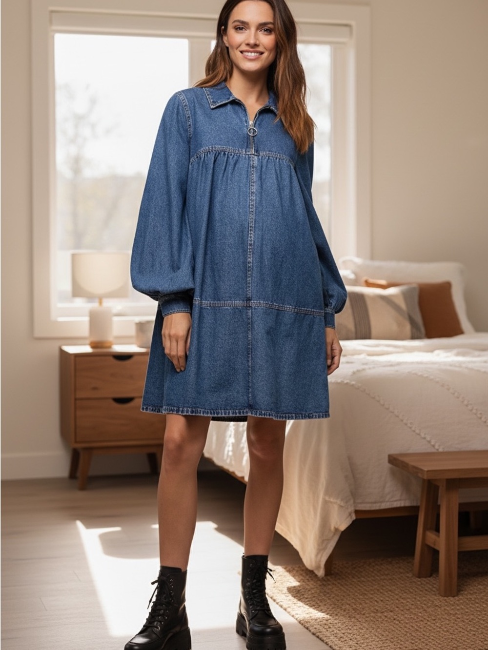 NEW Topshop Maternity Denim Babydoll Dress Blue Western Fall Women’s Size 10 NWT